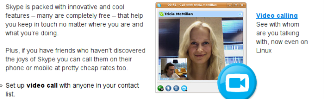 Capture d'écran de la fenêtre de Skype pour Linux avec la vidéo conférence activée