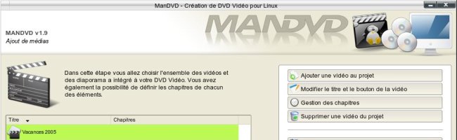 Capture d'écran du logiciel ManDVD en cours d'utilisation