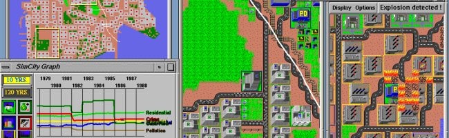 Illustration de la ville de Sim City avec des personnages jouant