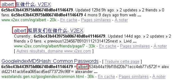 Capture d'écran de la page de résultats de Google affichant une recherche pour 'casser les codes cryptés en MD5'