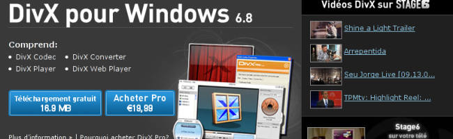 Capture d'écran du site de téléchargement de DivX Pro 6.8