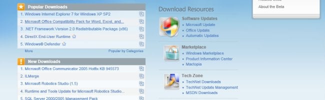 Capture d'écran du nouveau Download Center de Microsoft en Silverlight avec une interface utilisateur moderne et conviviale.