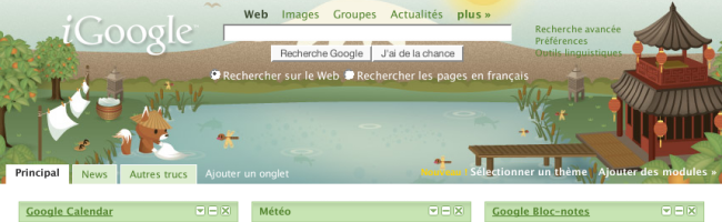 Capture d'écran de la page d'accueil iGoogle personnalisée avec des thèmes cachés