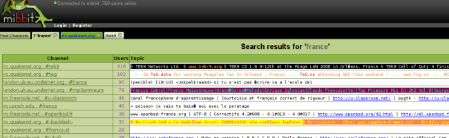 Capture d'écran de l'interface de Mibbit, un client IRC en ligne