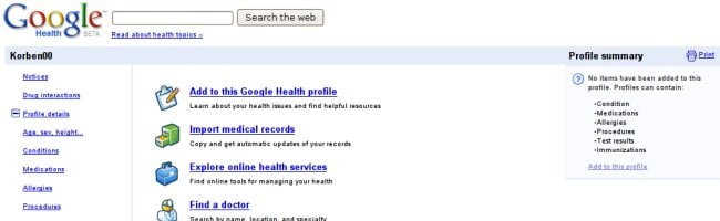 Capture d'écran de la page d'accueil de Google Health Beta