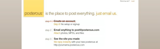 Capture d'écran de la page d'accueil de Posterous