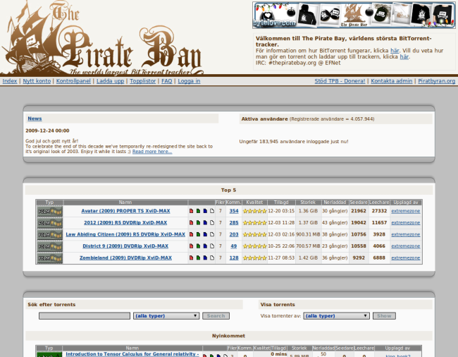 Capture d'écran d'un message de joyeuses fêtes sur The Pirate Bay