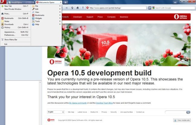 Capture d'écran d'un site web chargé rapidement sur Opera