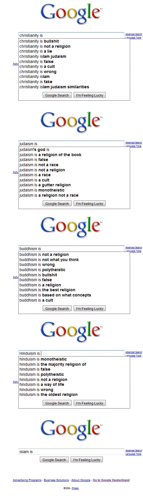 Illustration de la page de résultats de Google pour la recherche 'religion', avec le logo de Google et des liens vers des sites religieux populaires