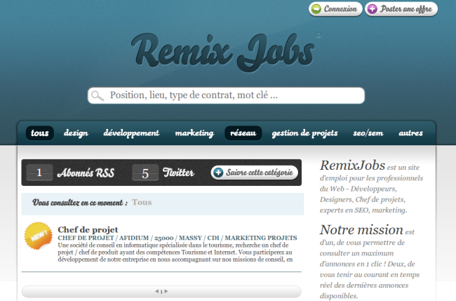 Capture d'écran de la page d'accueil de RemixJobs
