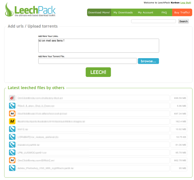 Interface de LeechPack, le téléchargeur de Torrent, Megaupload et Rapidshare