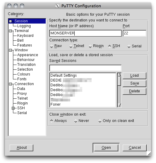 Capture d'écran de l'interface de configuration de Putty pour exporter ses paramètres