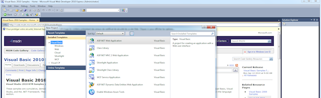 Capture d'écran de l'interface de Microsoft Visual Studio 2010