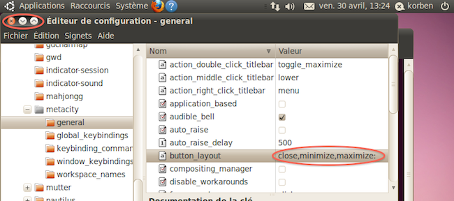 Capture d'écran montrant les boutons de fenêtres Gnome à gauche dans Ubuntu 10.04