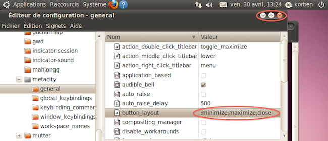 Image illustrant le processus de remise des boutons de fenêtres Gnome à droite dans Ubuntu 10.04
