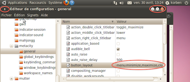 Représentation visuelle des paramètres à modifier pour remettre les boutons de fenêtres Gnome à droite dans Ubuntu 10.04