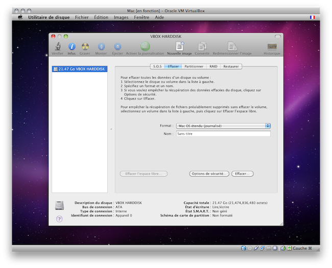 Capture d'écran de l'installation de MacOSX sur Virtualbox