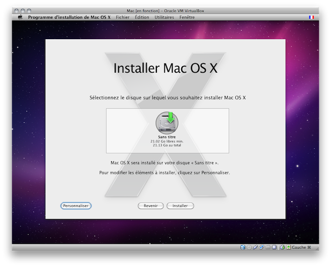 Capture d'écran des paramètres de Virtualbox pour MacOSX