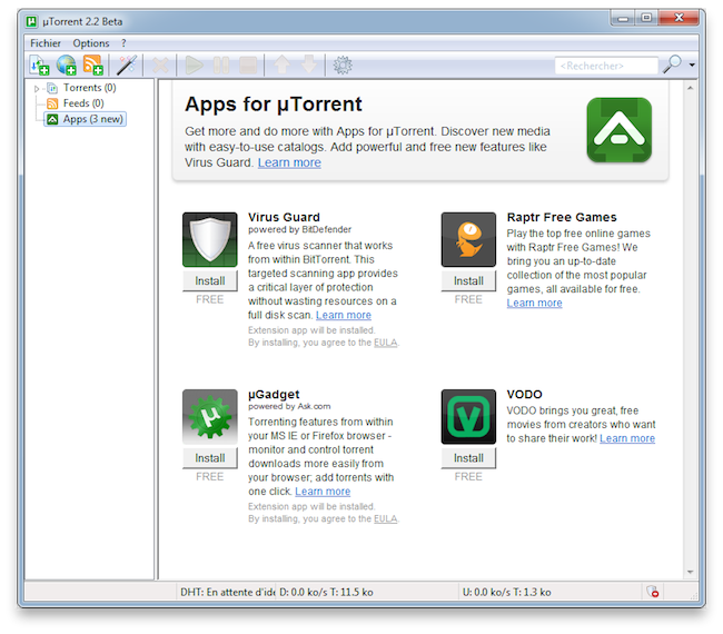 Capture d'écran de l'interface de µTorrent avec une extension activée
