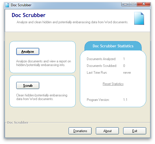 Capture d'écran de Doc Scrubber montrant l'interface utilisateur