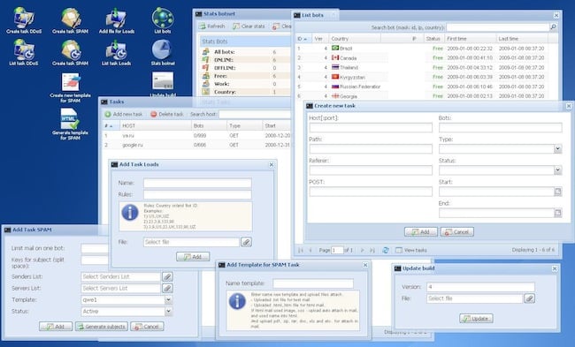 Capture d'écran de l'interface d'administration d'un botnet