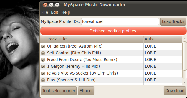 Capture d'écran de l'interface de téléchargement de MySpace sur Ubuntu