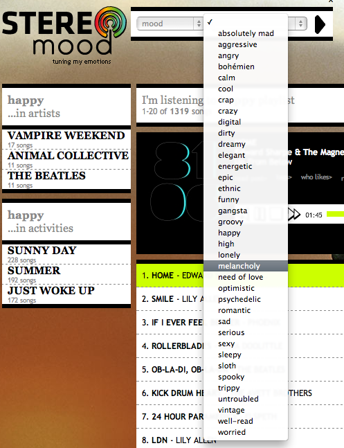 Capture d'écran de l'application Stereomood