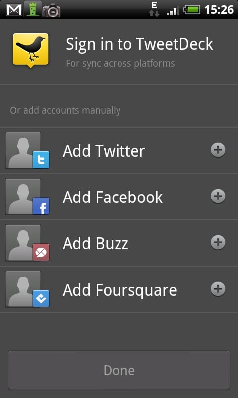 Capture d'écran de la page d'accueil Tweetdeck sur Android