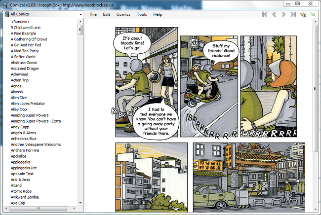 Capture d'écran du logiciel Comical montrant une liste de bandes dessinées disponibles à la lecture