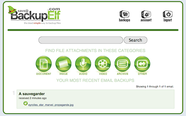 Capture d'écran de la page d'accueil de BackupElf