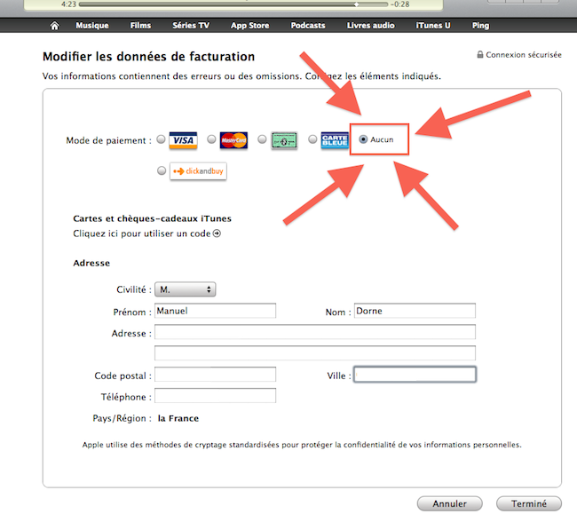 Illustration montrant l'écran de création de compte iTunes avec option de paiement par carte cadeau