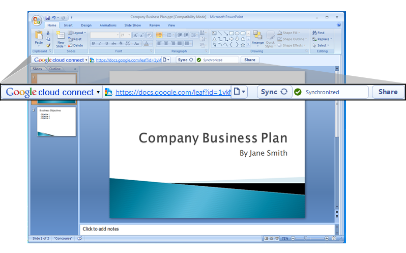 Capture d'écran du plugin de synchronisation Microsoft Office avec Google Docs