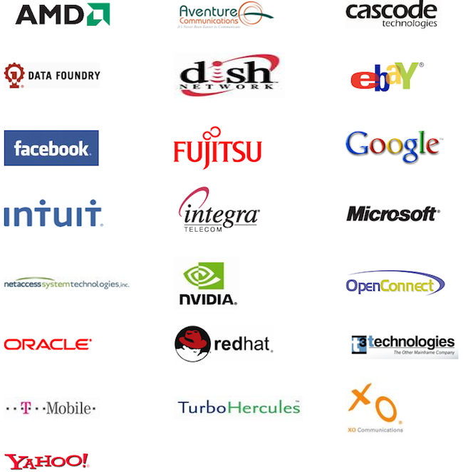Logos des entreprises comme AMD, Google, Facebook, Microsoft, Oracle, Nvidia, Fujitsu, RedHat, T-Mobile, Yahoo et Intuit qui sont contre Hadopi