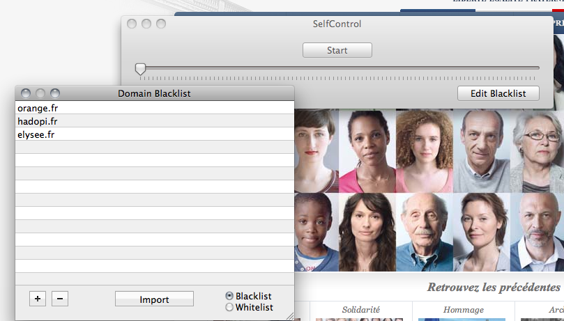 Capture d'écran de l'interface de SelfControl montrant les options de blocage