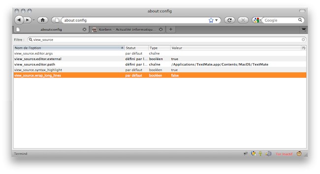 Capture d'écran de l'interface de Firefox avec l'éditeur de source externe ouvert