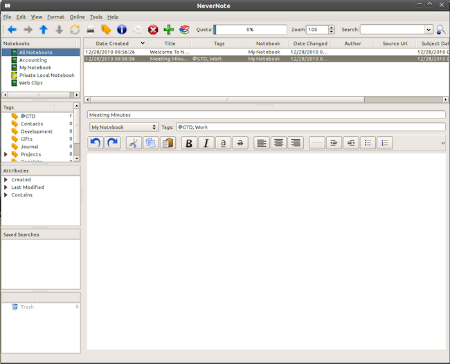 Capture d'écran du client Evernote pour Linux avec une interface utilisateur moderne et conviviale.