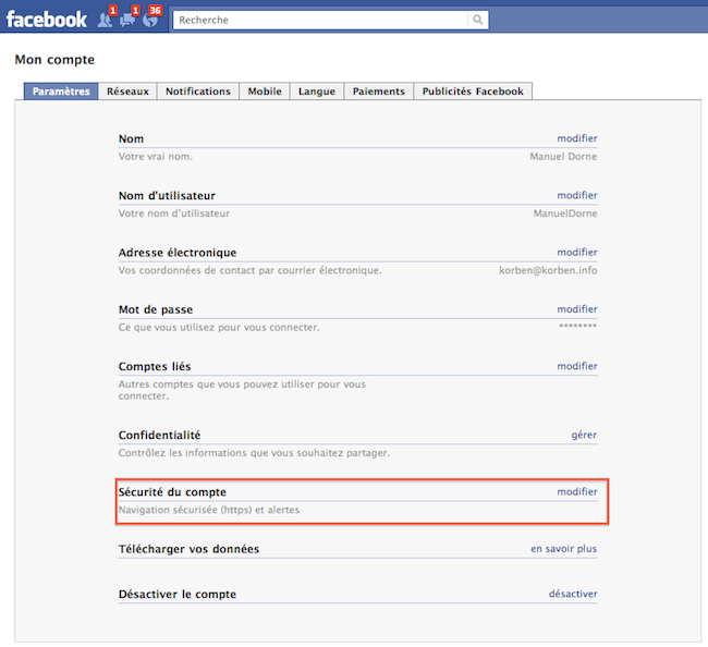 Capture d'écran de la page de paramètres Facebook avec l'option SSL