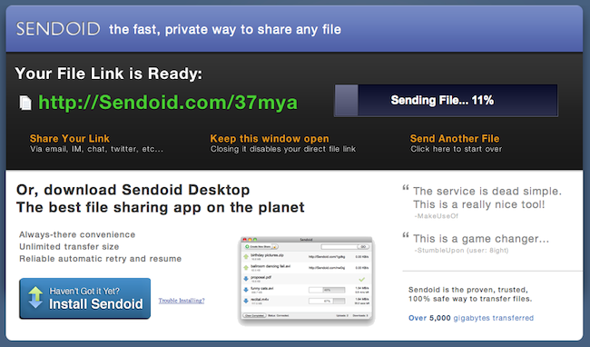 Capture d'écran de l'interface utilisateur de Sendoid permettant de partager des fichiers en peer-to-peer