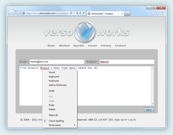 Capture d'écran d'une fenêtre Internet Explorer 9 avec la fonction de correction orthographique mise en évidence