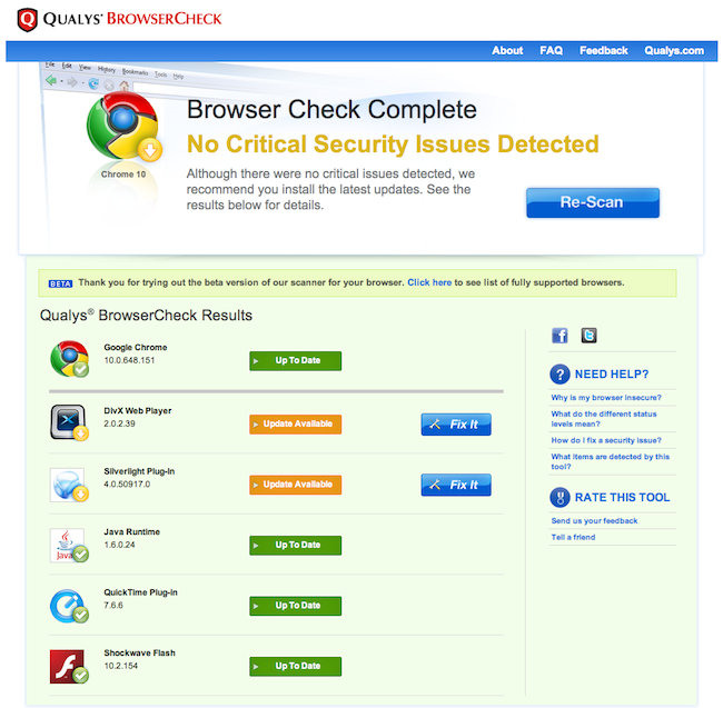 Capture d'écran du test de sécurité de BrowserCheck sur un navigateur internet