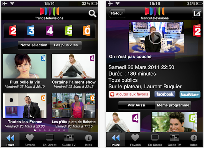 Capture d'écran d'un iPad montrant France Télévisions en direct