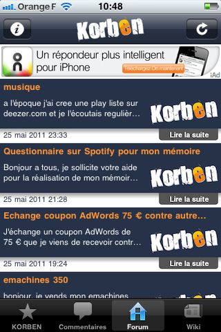 Capture d'écran de l'application Korben sur iPod