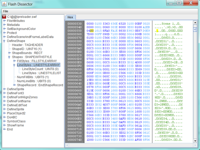 Capture d'écran de l'interface principale de l'outil d'analyse SWF