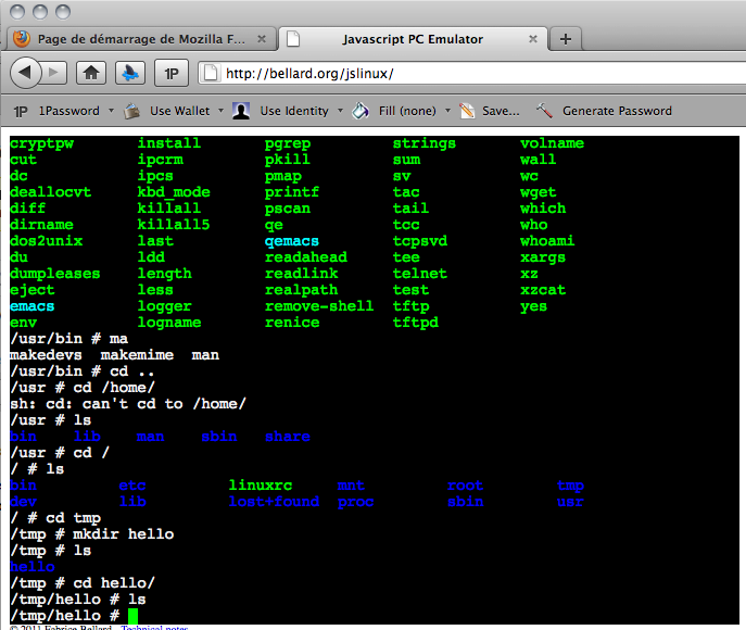 Capture d'écran de l'interface de JSLinux