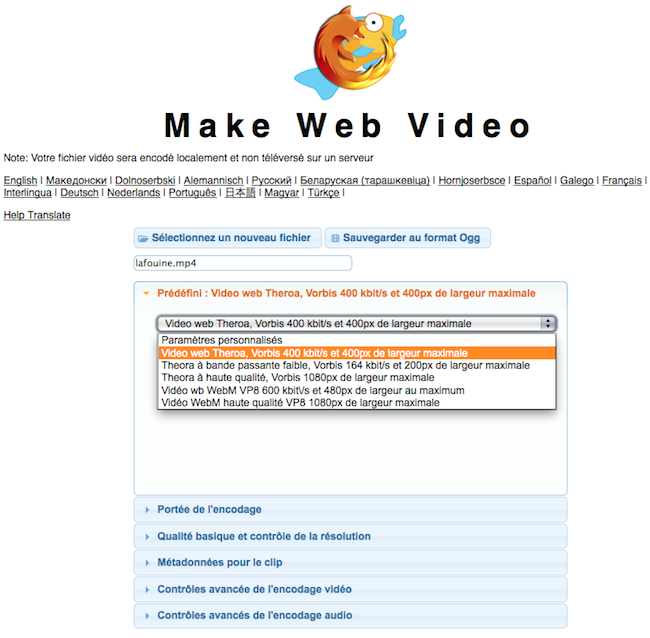 Capture d'écran de Firefogg - convertisseur vidéo pour Firefox en action