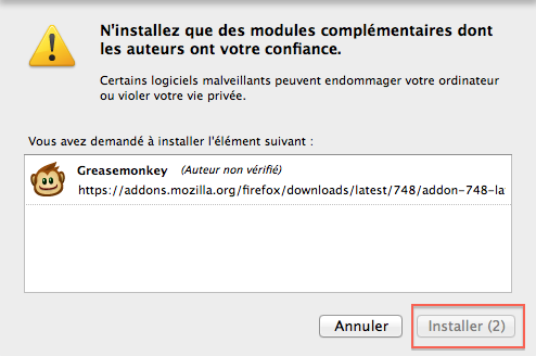Capture d'écran du message d'avertissement d'installation d'une extension sur Firefox