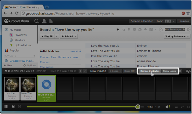 Capture d'écran d'une interface de Grooveshark Enhancement Suite