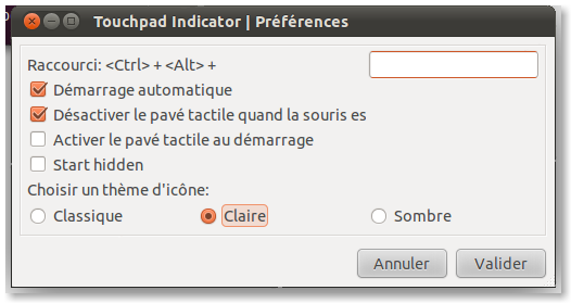 Capture d'écran de l'icône du panneau de configuration de Ubuntu avec l'option Touchpad désactivée