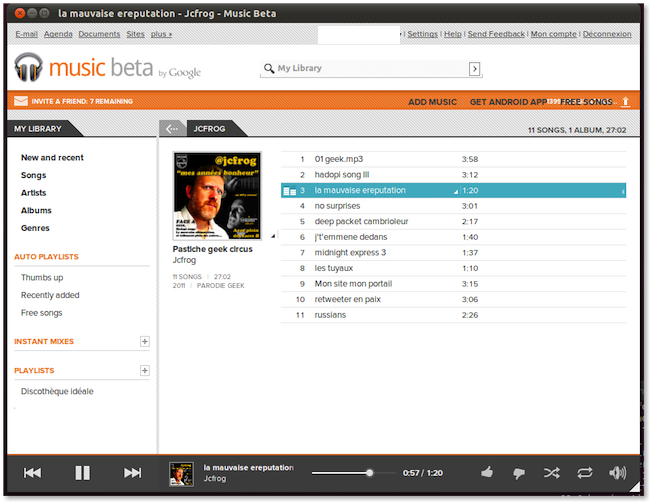 Capture d'écran de l'interface Google Music sous Ubuntu