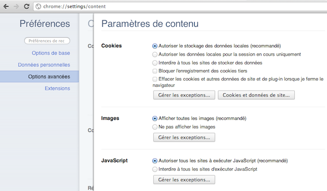 Capture d'écran de l'interface de l'extension Chrome pour désactiver le javascript